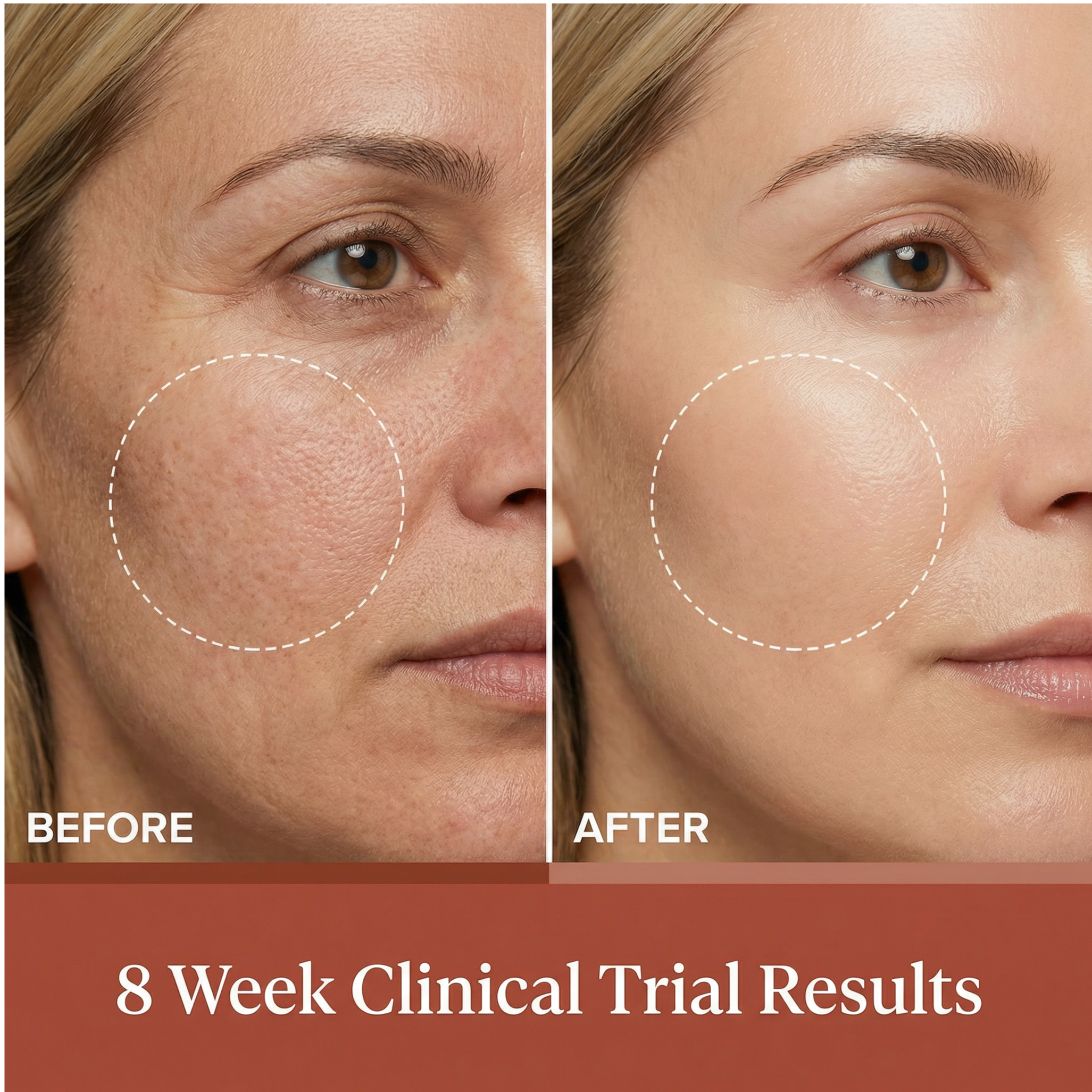 Skin Science Clinical Peptide Serum before and after comparison of skin tone with text indicating improvement.