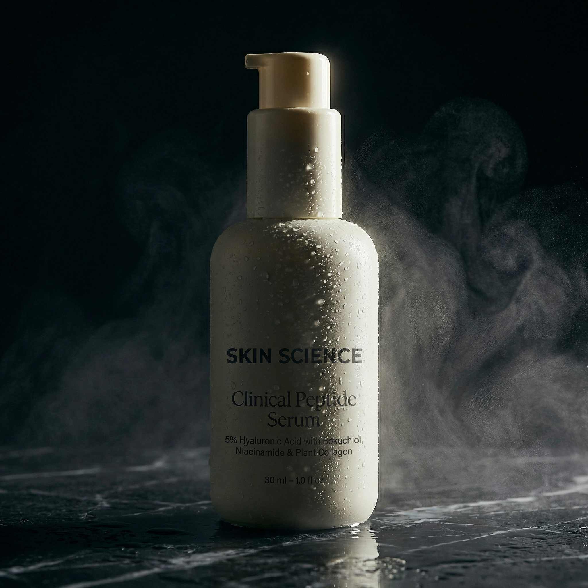 Skin Science Clinical Peptide Serum bottle on a reflective surface with a gradient background