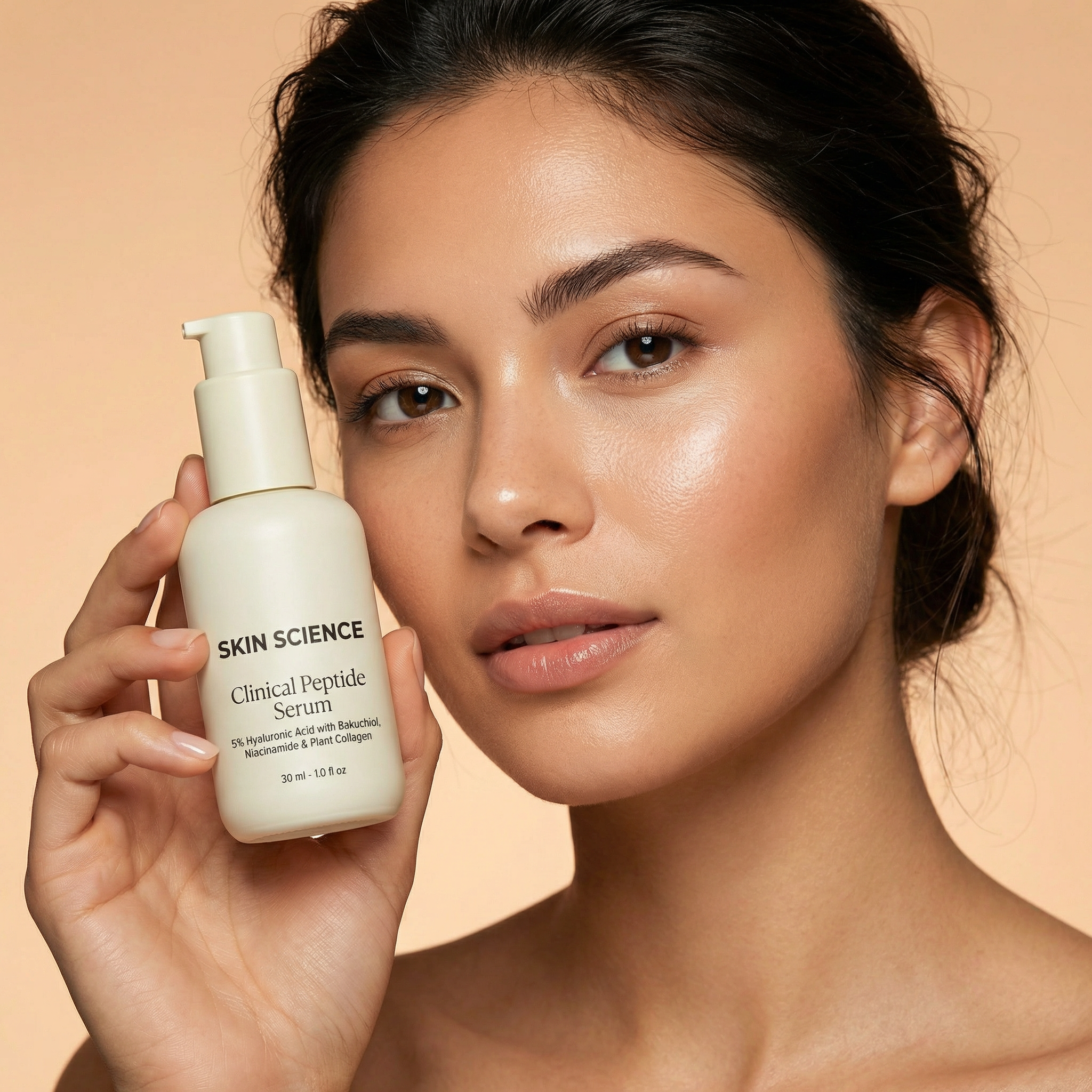 Woman holding a Skin Science Clinical Peptide Serum bottle against a beige background