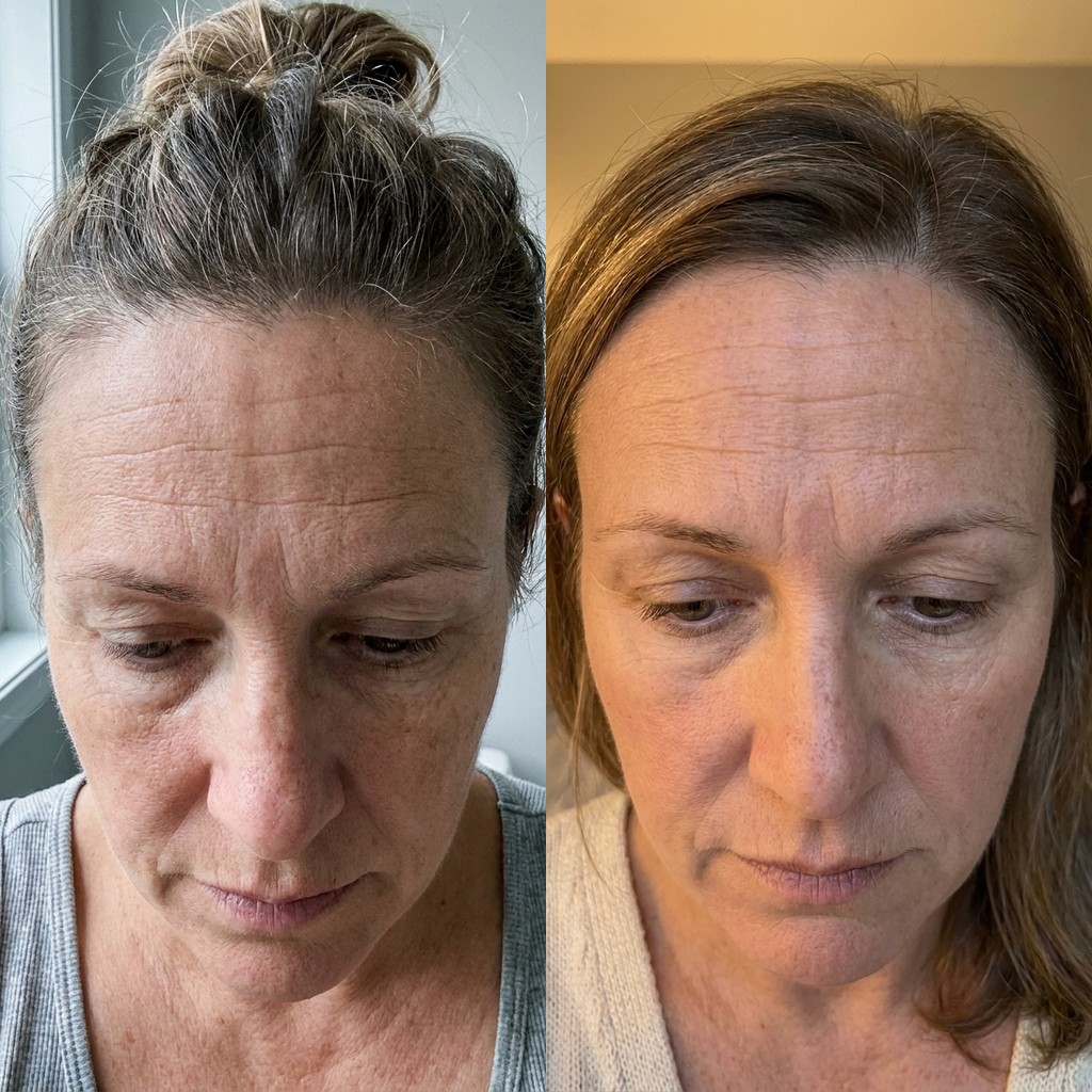 Dermalyse before and after — forehead wrinkles, day 1 vs result