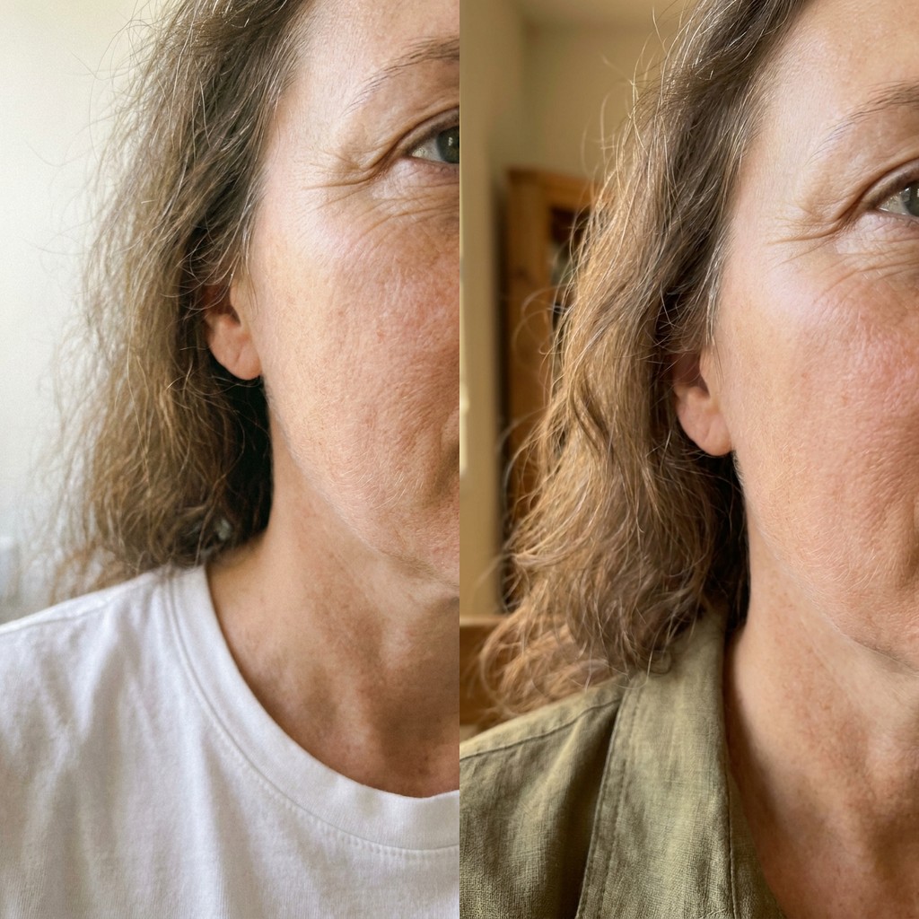 Dermalyse before and after — crow's feet wrinkles, day 1 vs result