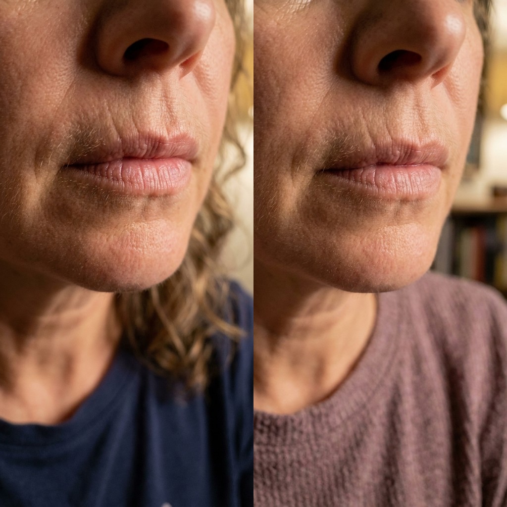 Dermalyse before and after — lip lines wrinkles, day 1 vs result