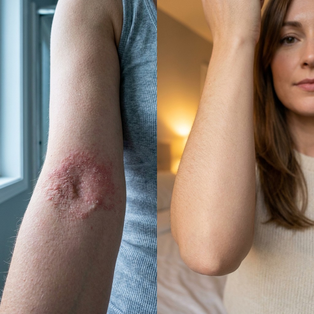 Eczemolyse before and after — inner elbow eczema, day 1 vs day 30
