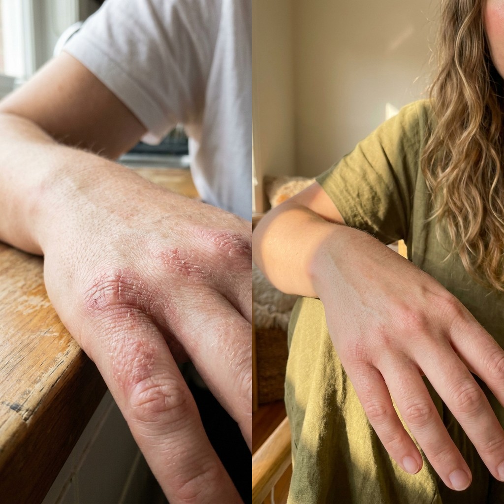 Eczemolyse before and after — hand eczema, day 1 vs day 30