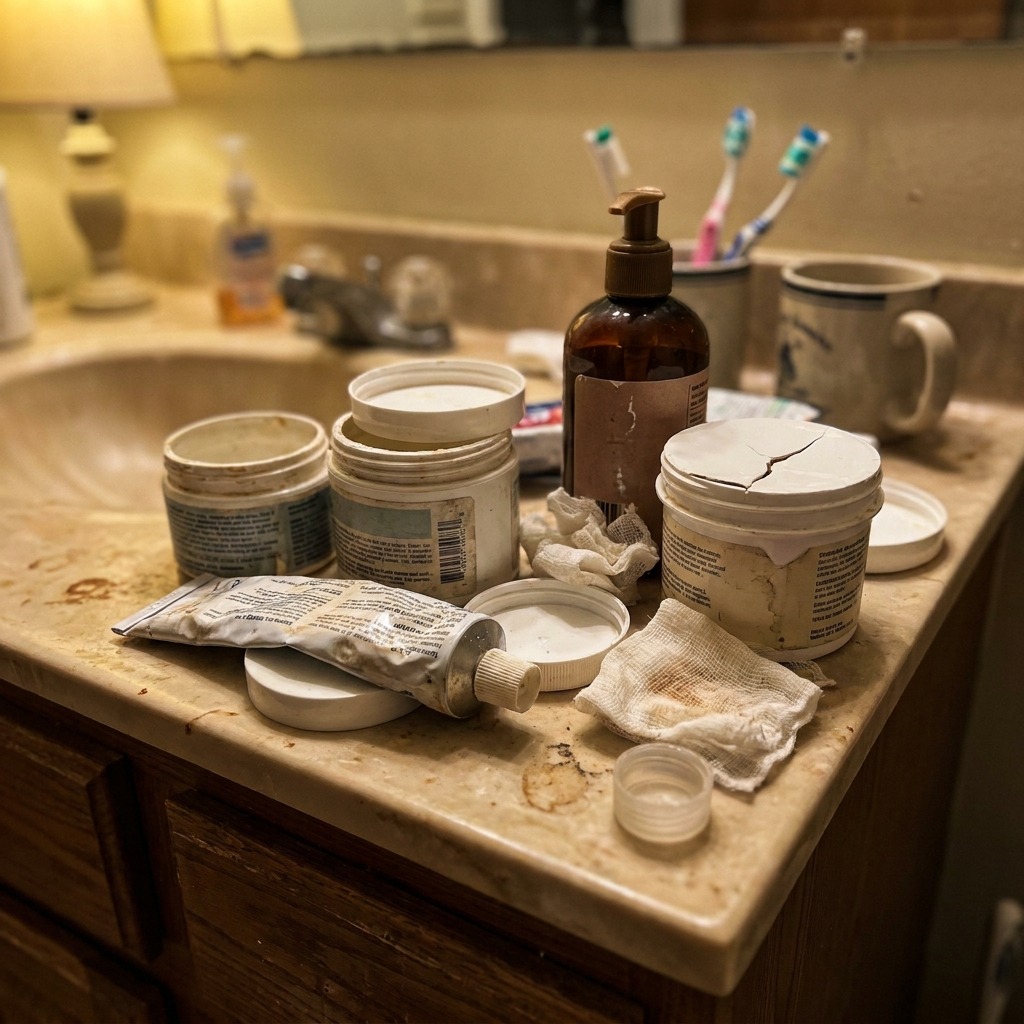 Eczemolyse — the pile of products she tried and gave up on before