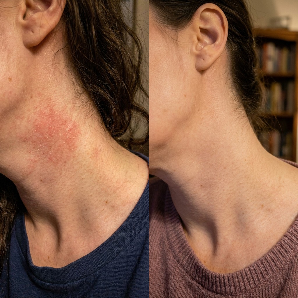 Eczemolyse before and after — neck eczema, day 1 vs day 30