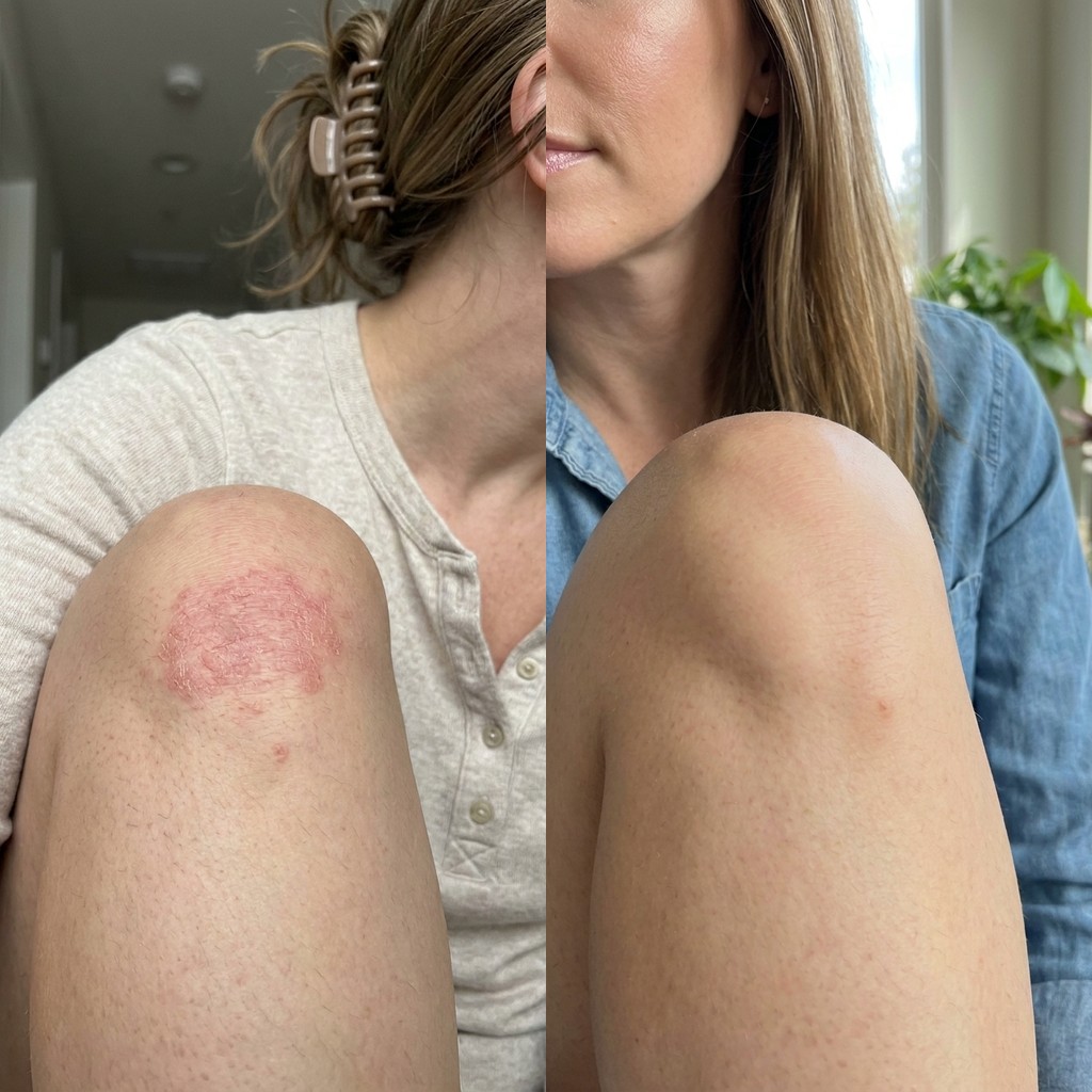 Eczemolyse before and after — behind the knee eczema, day 1 vs day 30