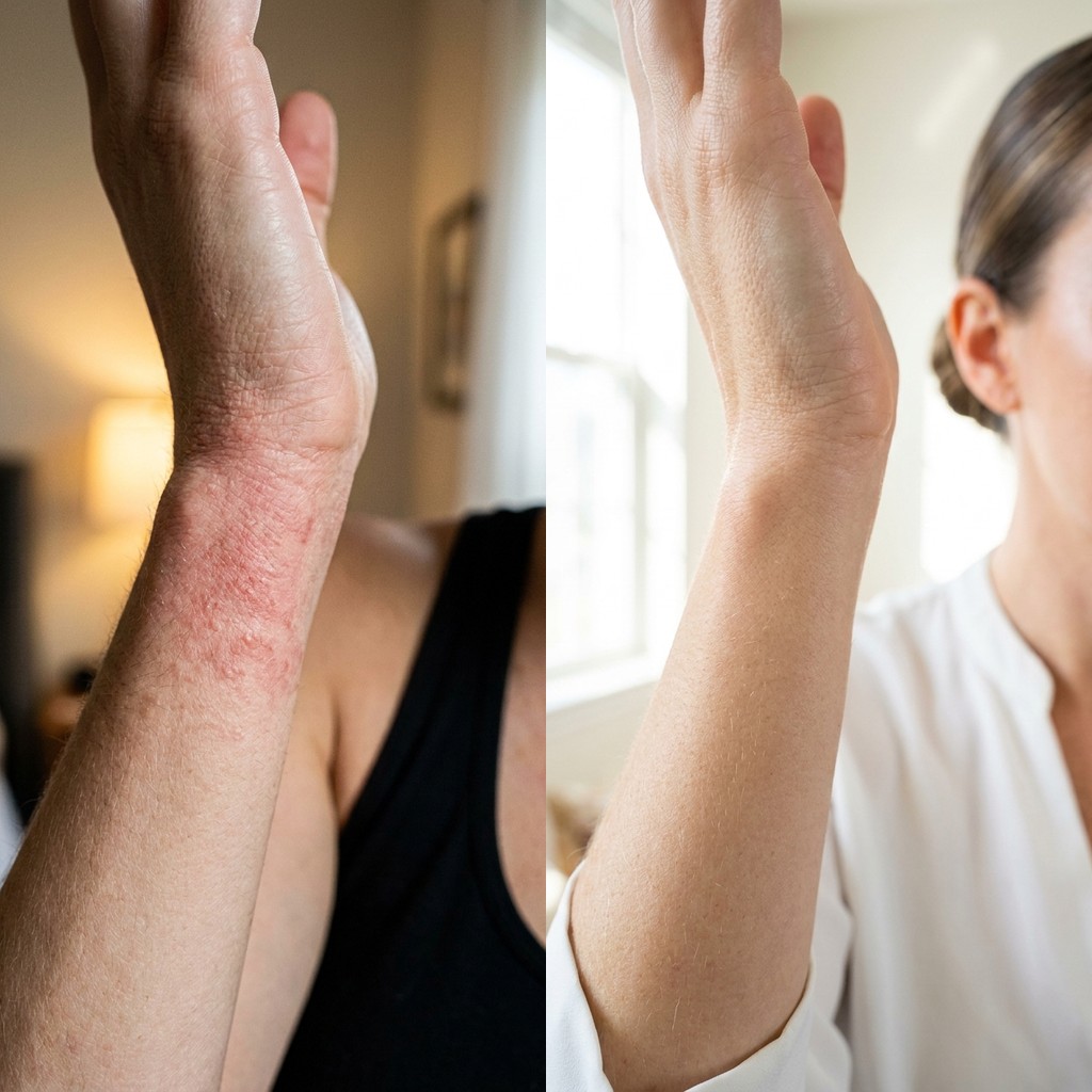 Eczemolyse before and after — wrist eczema, day 1 vs day 30