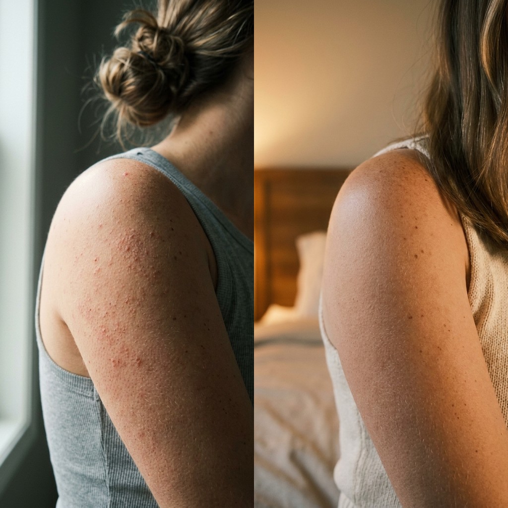 Keratolyse before and after — upper arm keratosis pilaris, day 1 vs day 30