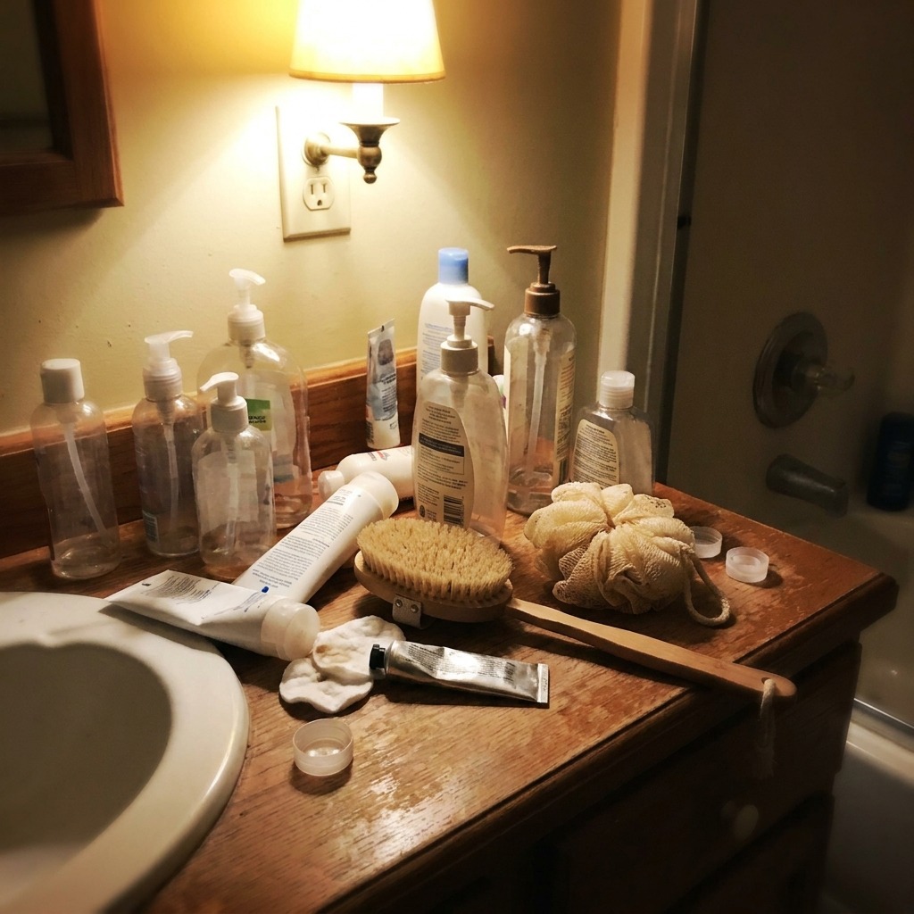 Keratolyse — the pile of products she tried and gave up on before
