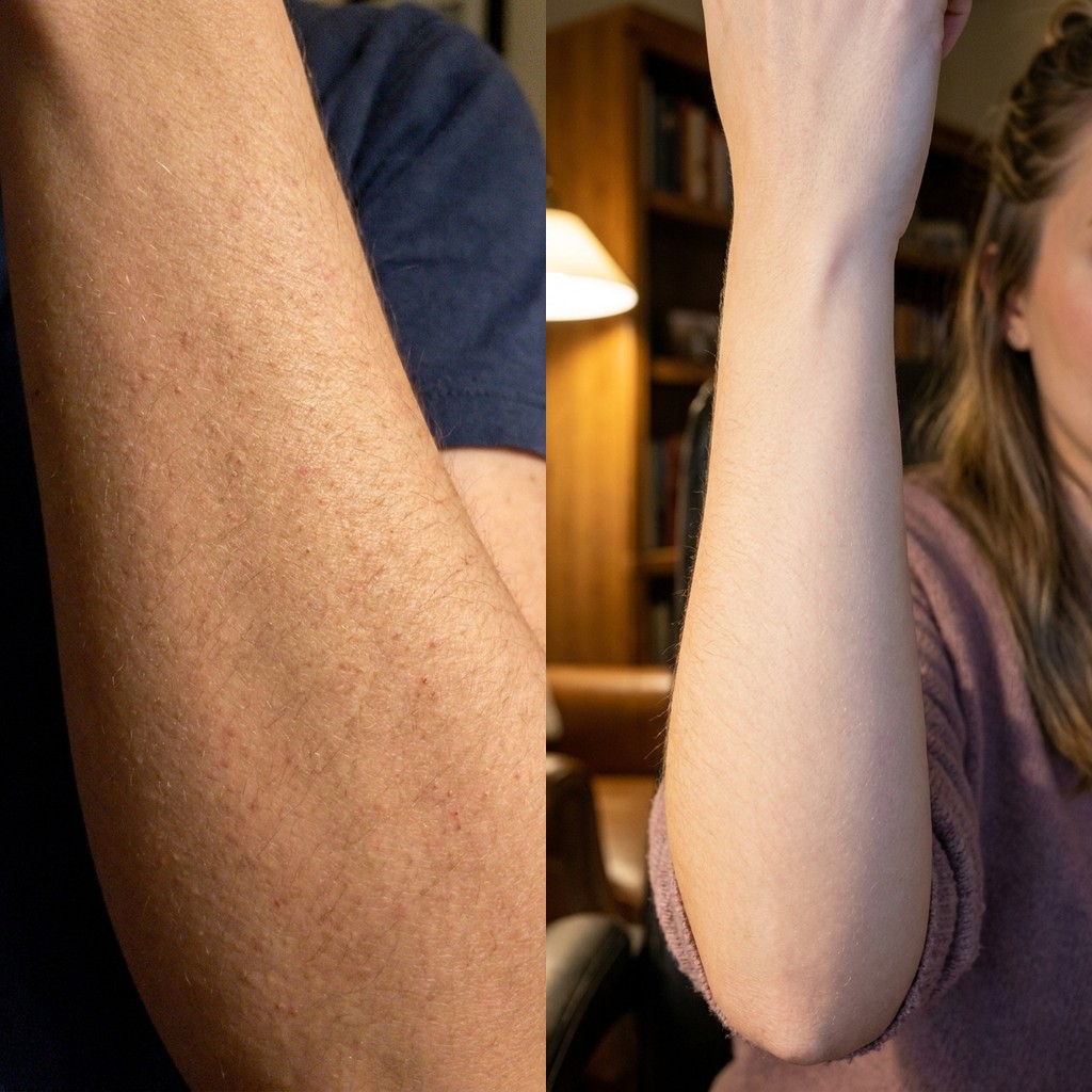 Keratolyse before and after — forearm keratosis pilaris, day 1 vs day 30