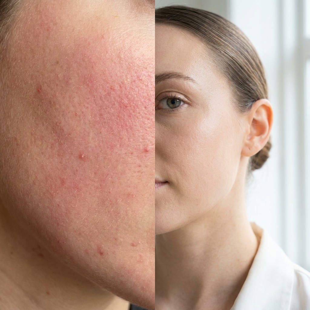 Keratolyse before and after — cheek keratosis pilaris, day 1 vs day 30