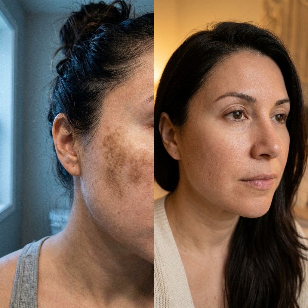 Melanolyse before and after — cheek hyperpigmentation, day 1 vs day 30