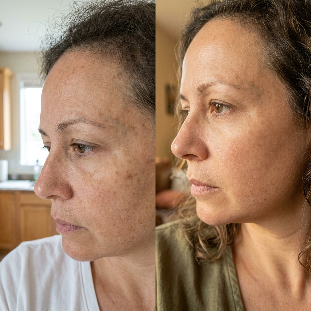 Melanolyse before and after — forehead hyperpigmentation, day 1 vs day 30