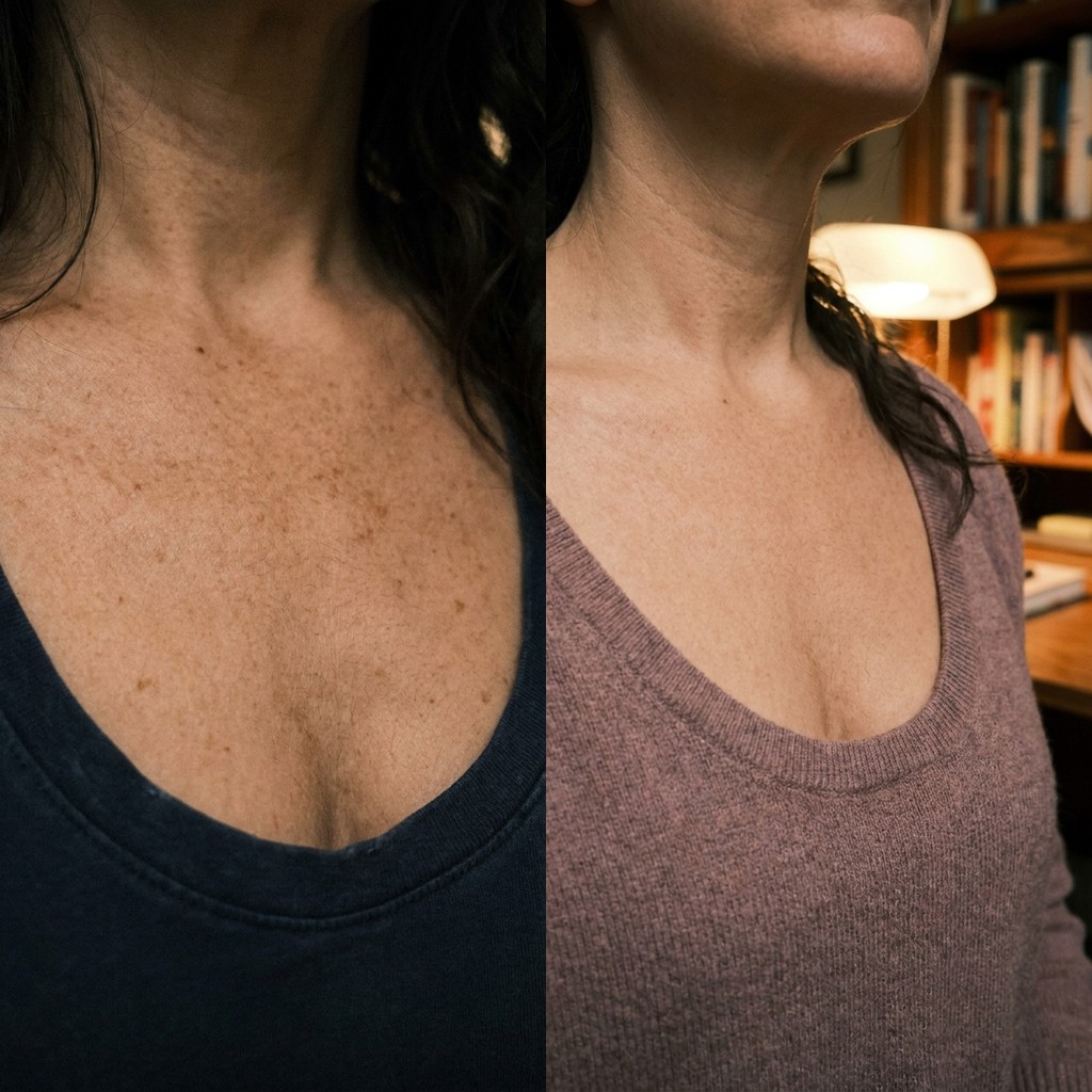 Melanolyse before and after — décolletage hyperpigmentation, day 1 vs day 30
