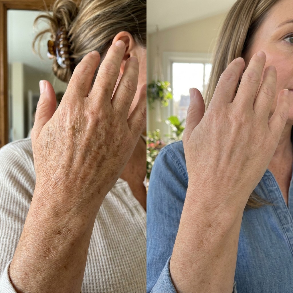 Melanolyse before and after — back of hand hyperpigmentation, day 1 vs day 30