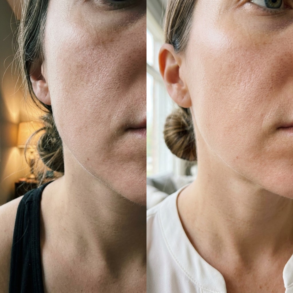 Melanolyse before and after — upper lip hyperpigmentation, day 1 vs day 30